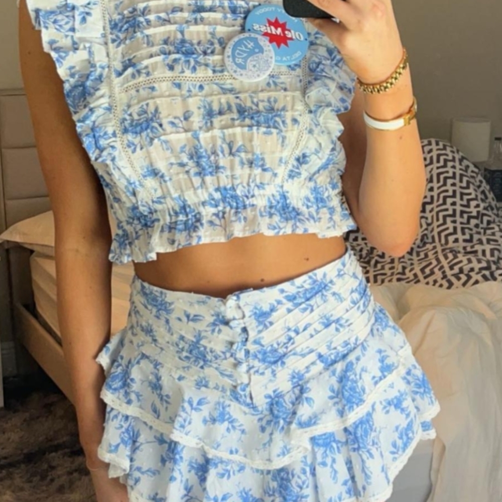 Blue Floral Ruffle Crop Top and Skort Set